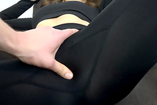Brunette in black yoga leggings turned on a guy with a huge cock, jerks off and cums on leggings