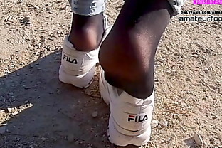 Nylon feet Pretty Sexy Fila Disruptor Shoeplay Nylon feet and Crush Trample girl plays with her sweaty Fila sneakers and shows her stinky wet nylons sweaty, stinky Fila