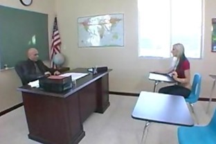 Sexy blonde teen lays on desk and get fucked by her teacher