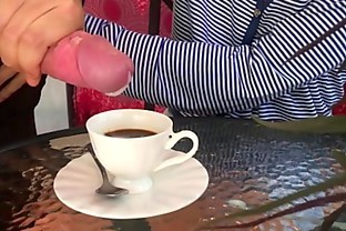Stunning Girl does Blowjob, Cum in Coffee, Pee Play