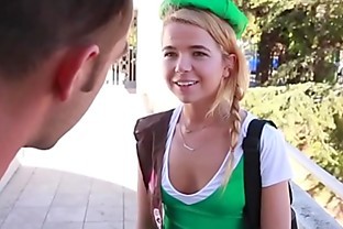 Tiny teen in uniform selling cookies gets creampie