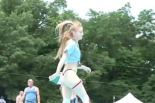 Amateur blonde is on the stage teasing the crowd