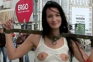 Shackled babe flashing in public