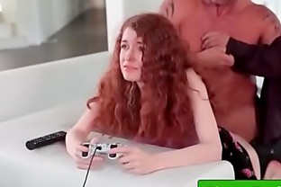 Abbey Rain hard banged on sofa from behind