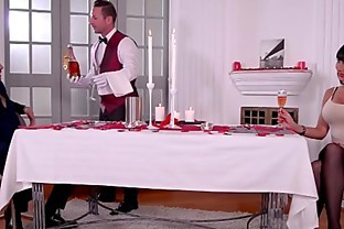 Long-haired goddess Valentina Ricci takes two big hard dicks up her holes