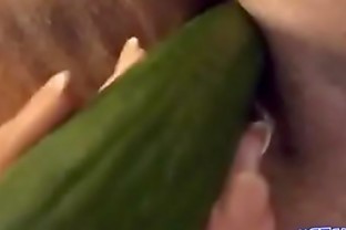 Hot chubby masturbating with cucumber