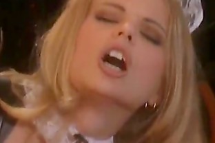 Maid in latex drink cum from glassful