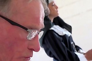 Sexy young nun has sex for the first time with a grandpa in the confessional